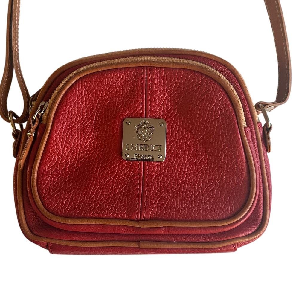 I Medici Firenza Crossbody Bag Red Pebbled Leather Brown Trim Purse Handbag VTG